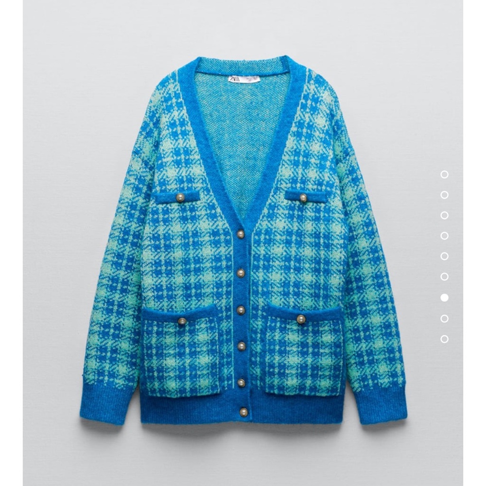 New Zara blue cardigan plaid knit jacket sz m
